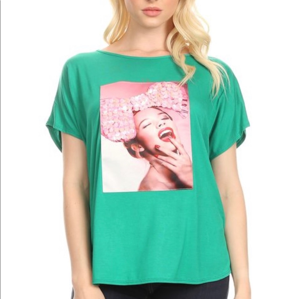 Sequin embellished graphic tee.